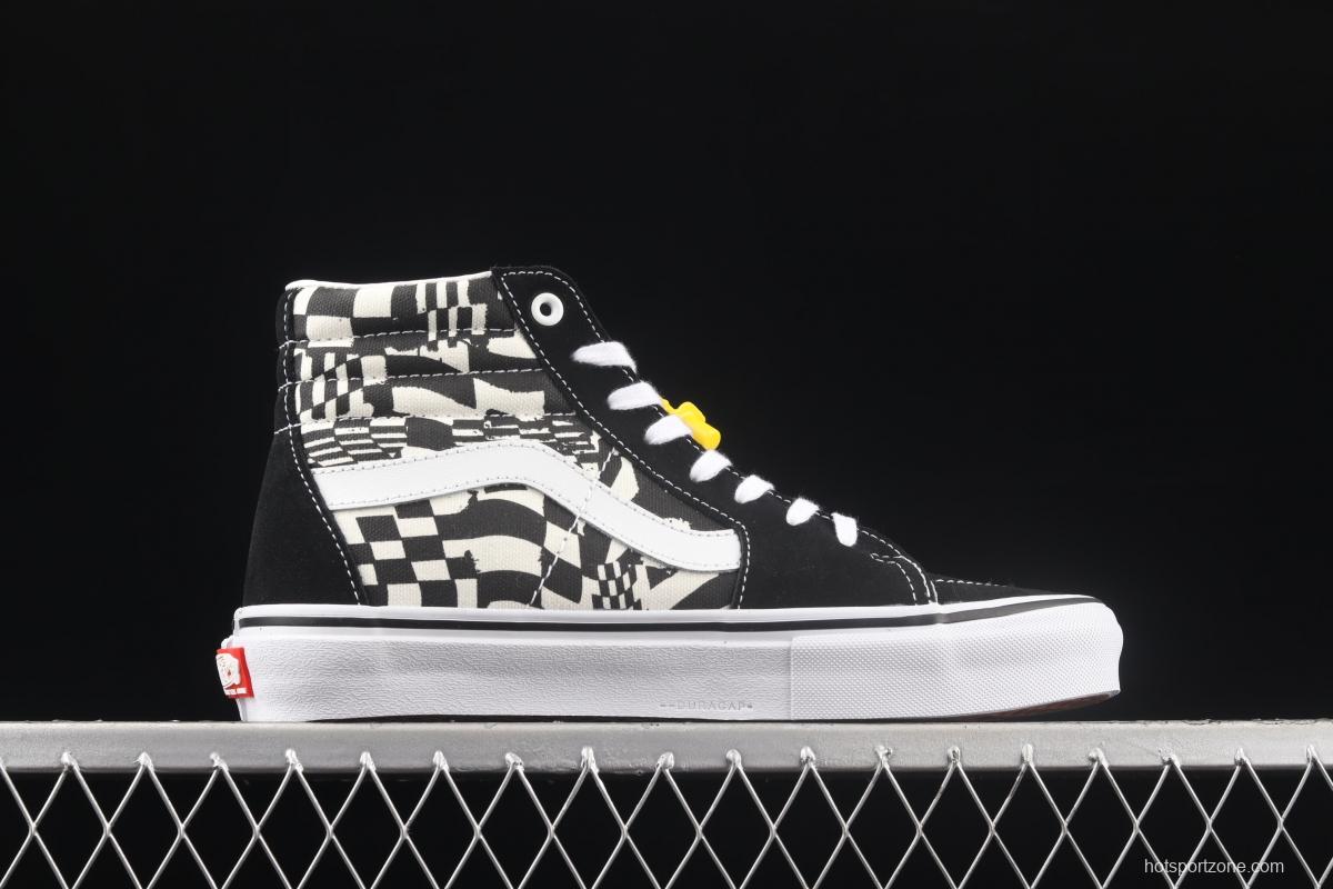 Vans Sk8-Hi black and white checkerboard lattice side stripes high-top casual board shoes VN0A5FCC9CU