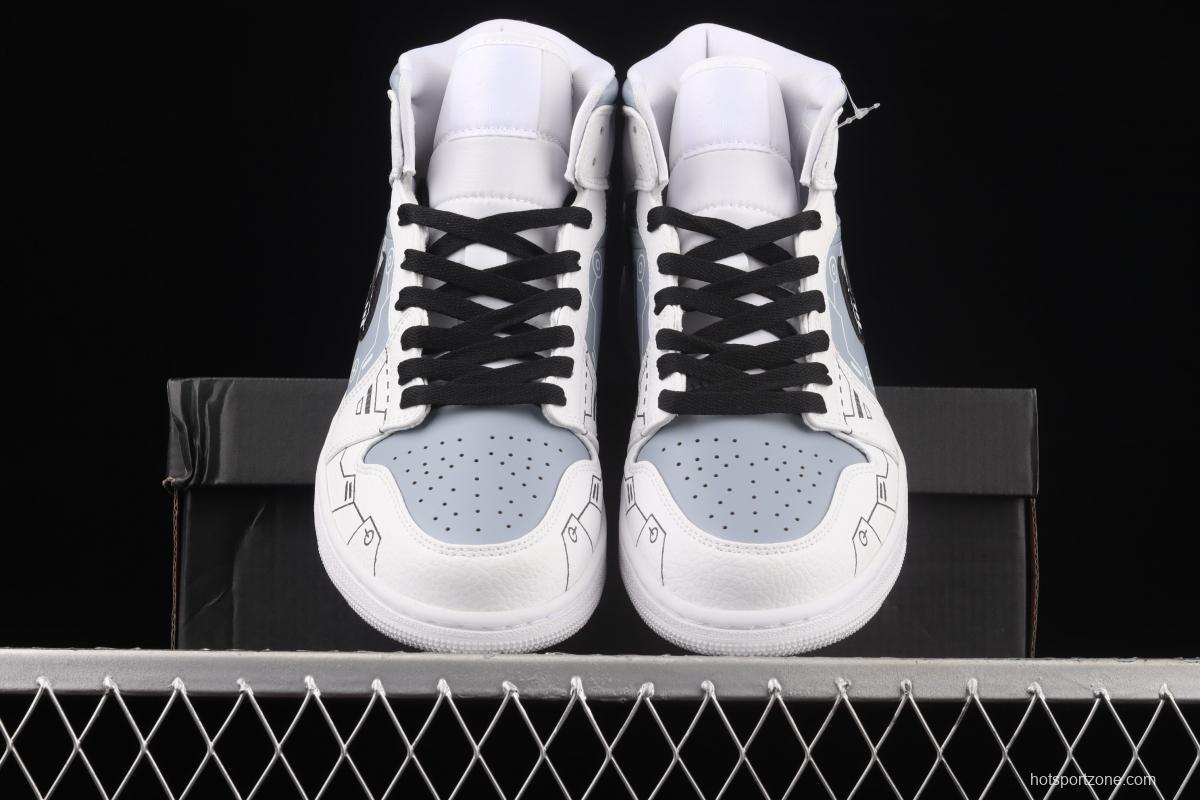 Air Jordan 1 Mid black-and-white gray video game graffiti customized Zhongbang basketball shoes 554724-130