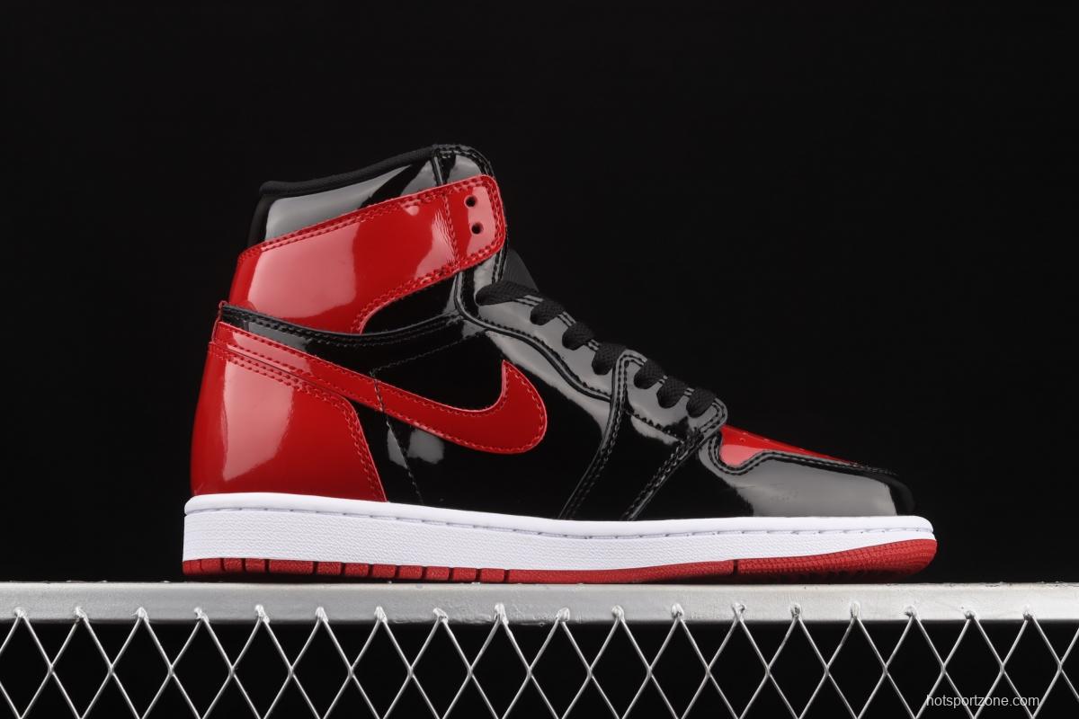 Air Jordan 1 High OG Bred Patent lacquered leather black and red high top basketball shoes 555088-063