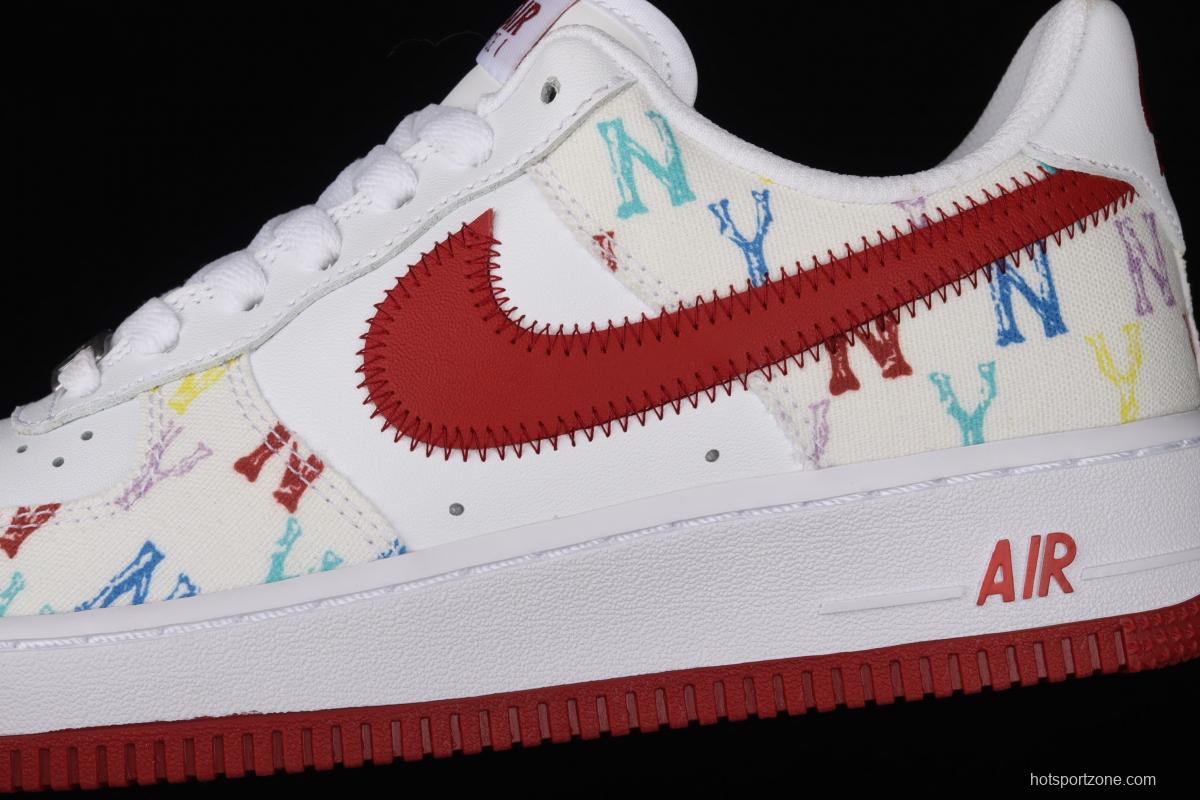 NIKE Air Force 1: 07 MLB Yankees co-signed white and red full sky star color sail leather splicing low upper board shoes 315122-443