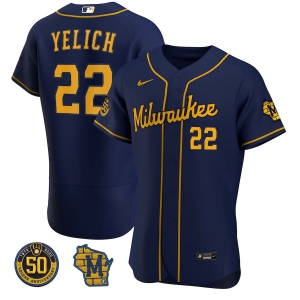 Men's Christian Yelich Navy Alternate 2020 Authentic 50th Anniversary and Road Sleeve Patch Player Team Jersey