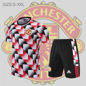 22/23 Manchester United training suit short sleeve kit red black and white color matching