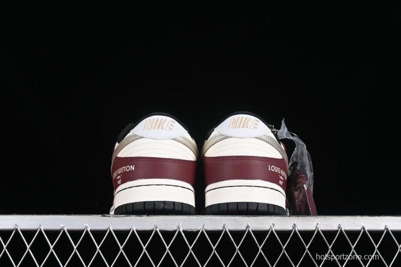 Louis Vuitton x Nike Dunk Low Customized Sneakers - Burgundy with Silver Swoosh SB Low Top Casual Skate Shoes - FC1688-188