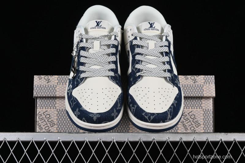 Nike SB Dunk Low LV Collaboration - Dark Blue Denim Anniversary High-End Custom Low-Top Casual Skate Shoes - XP3802-335