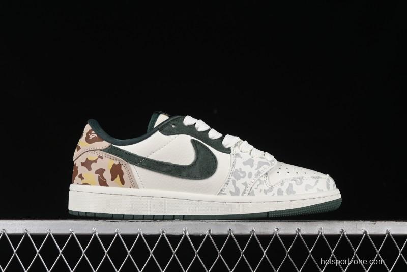 Nike Travis Scott x Fragment Design x Air Jordan 1 Low OG SP AJ1 Bape Collaboration - Camo Green Low Top Casual Sneakers - JH6088-614
