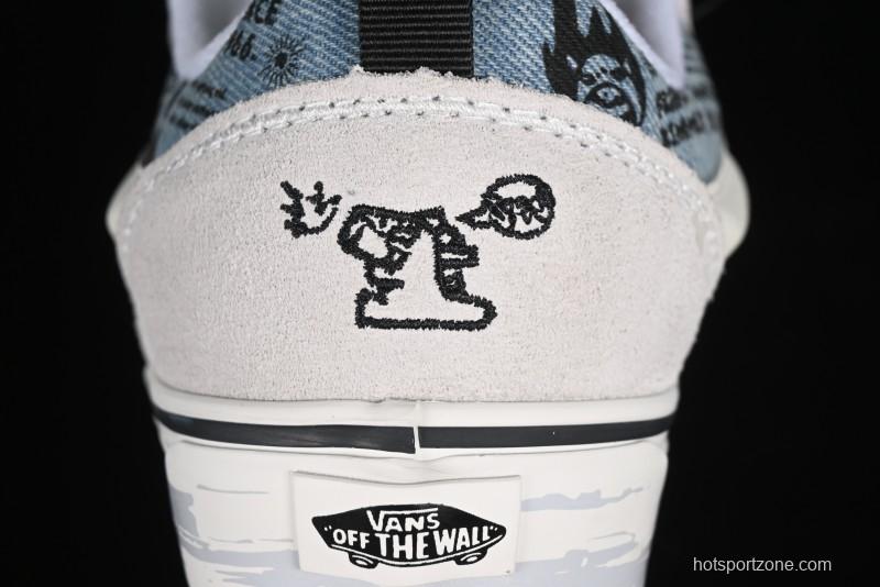 HIRONO Knu Skool Low-Top Casual Sneakers with Denim Graffiti Design - VN0009QCRBL