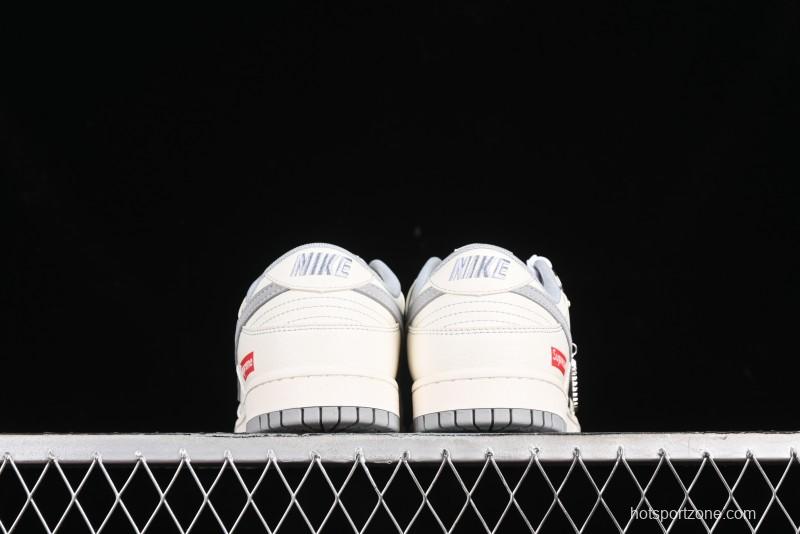 Nike SB Dunk Low Supreme Collaboration - Off White Gray Double Swoosh Anniversary Custom Low-Top Casual Skate Shoes - XX2025-317
