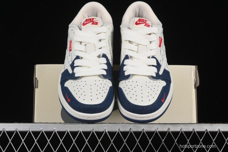 Nike Travis Scott x Fragment Design x Air Jordan 1 Low OG SP AJ1 Levi's Collaboration - White Blue Canvas Low Top Casual Sneakers - JH6088-605