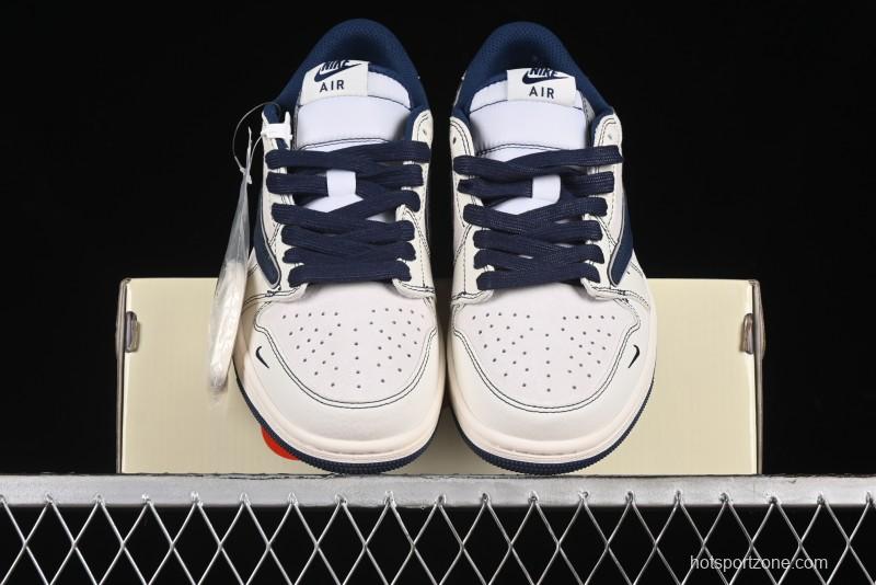 Nike Travis Scott x Fragment Design x Air Jordan 1 Low OG SP AJ1 Supreme Collaboration - Dark Blue Swoosh Low-Top Casual Sneakers - XZ2268-001