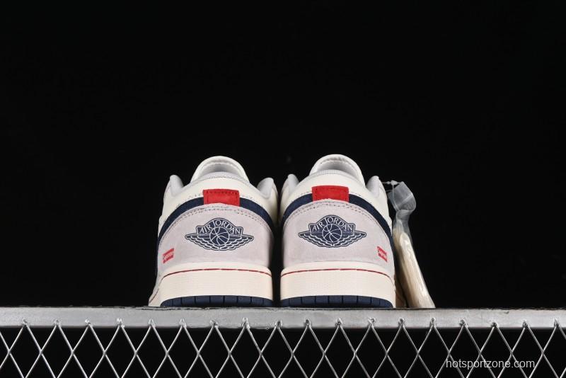 Nike Air Jordan 1 Low Supreme Collaboration - Pig Grey Print Custom Retro Basketball Shoes - LJ6688-009