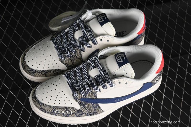 Nike Travis Scott x Fragment Design x Air Jordan 1 Low OG SP AJ1 Gucci Collaboration - Silver Logo Blue Swoosh Low Top Casual Sneakers - XY2688-118