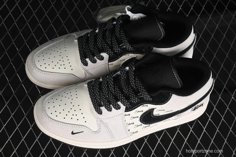 Nike Air Jordan 1 Low Stussy Collaboration - Silver Trim Black Swoosh Retro Basketball Shoes - SJ9950-026