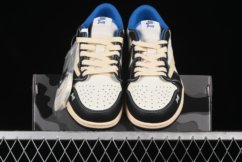 Nike Travis Scott x Fragment Design x Air Jordan 1 Low OG SP AJ1 Bape Collaboration - Crocodile Leather Black White Blue Low Top Casual Sneakers - XZ2828-001