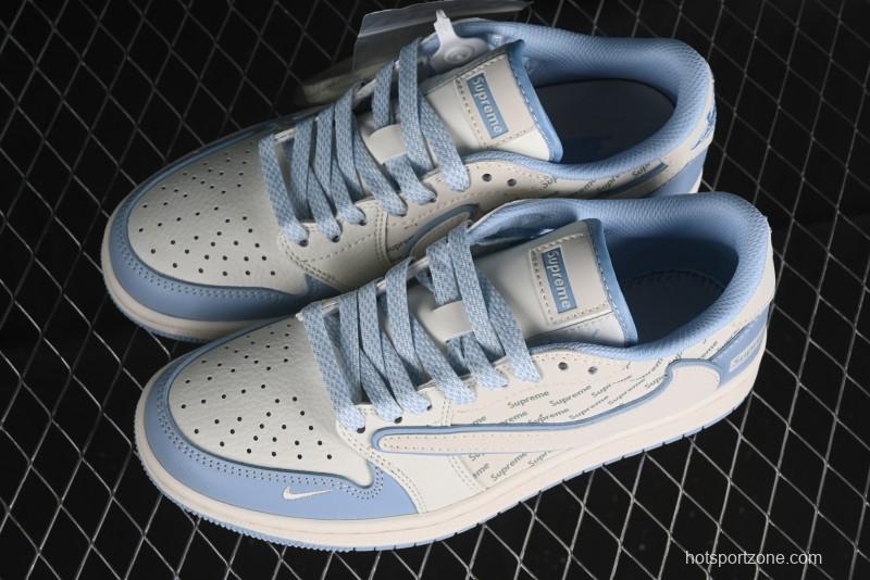 Nike Travis Scott x Fragment Design x Air Jordan 1 Low OG SP AJ1 Supreme Collaboration - White Blue Lettering Low Top Casual Sneakers - XY2688-116