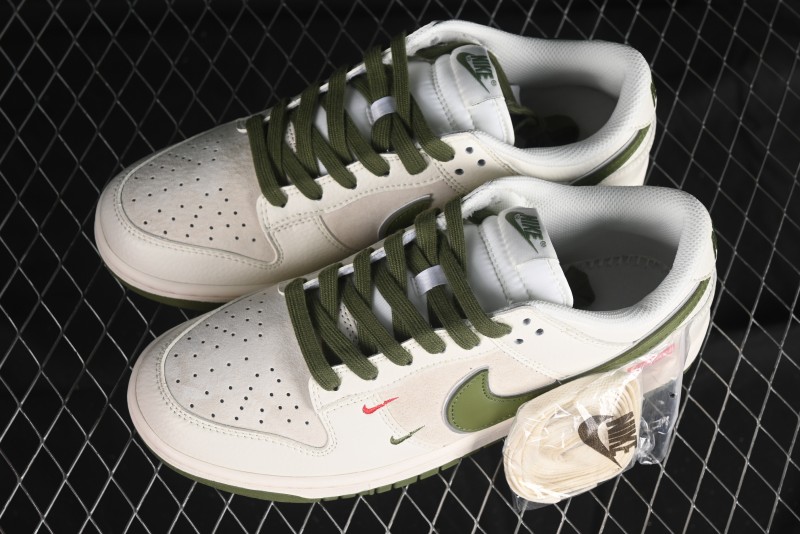 Nike SB Dunk Low Supreme Collaboration - Double Swoosh Beige Dark Green Anniversary High-End Custom Low-Top Casual Skate Shoes - XX2025-689