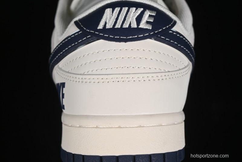 Nike SB Dunk Low Anniversary Premium Custom Low-Top Casual Skate Shoes in Off-White with Navy Blue Swoosh - SJ1089-004