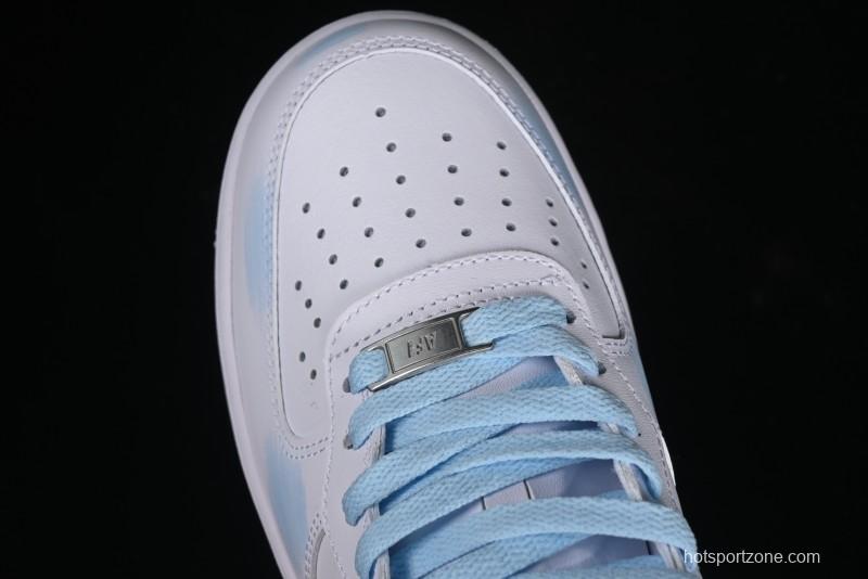 Nike Air Force 1 '07 Mid Light Blue Hand-Painted Cracked Three Stripes Shadow Mid-Top Casual Sneakers - CW2289-111