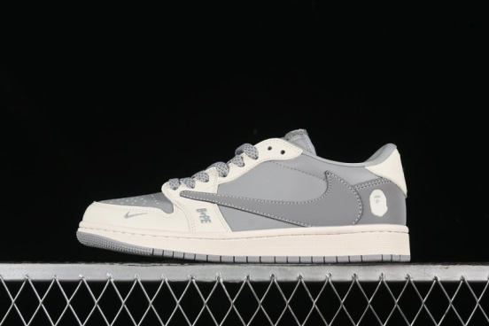 Nike Travis Scott x Fragment Design x Air Jordan 1 Low OG SP AJ1 Bape Collaboration - Moon Shadow Grey Low Top Casual Sneakers BB6511-625