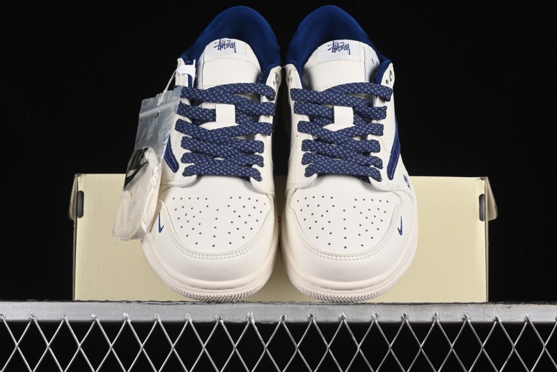 Nike Travis Scott x Fragment Design x Air Jordan 1 Low OG SP AJ1 Supreme Stussy Collaboration - Suede Blue Swoosh Low-Top Casual Sneakers - SJ2068-127