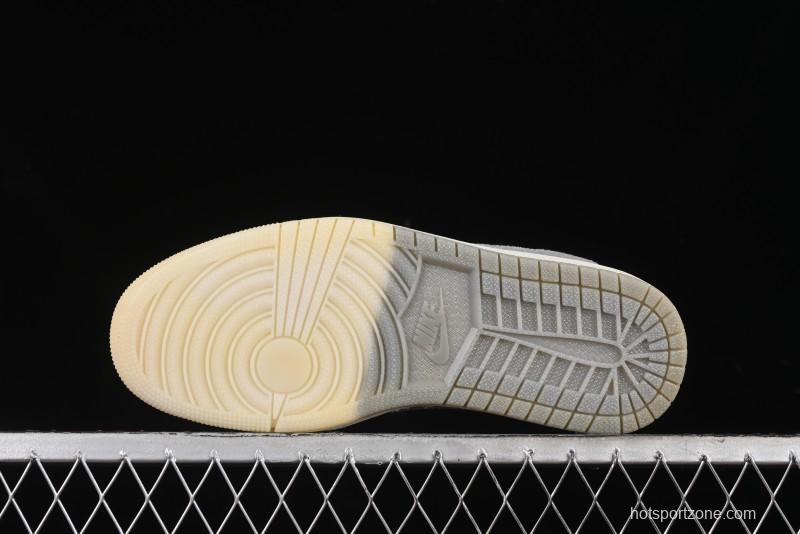 Nike Travis Scott x Fragment Design x Air Jordan 1 Low OG SP AJ1 Supreme Collaboration - Light Grey Denim Two-Tone Low-Top Casual Sneakers - JH6088-705