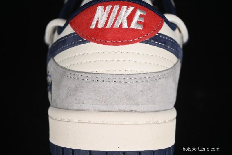 Nike SB Dunk Low Stussy Collaboration - Lace-Up Off White Navy Swoosh Anniversary High-End Custom Low-Top Casual Sneakers - SJ2068-308
