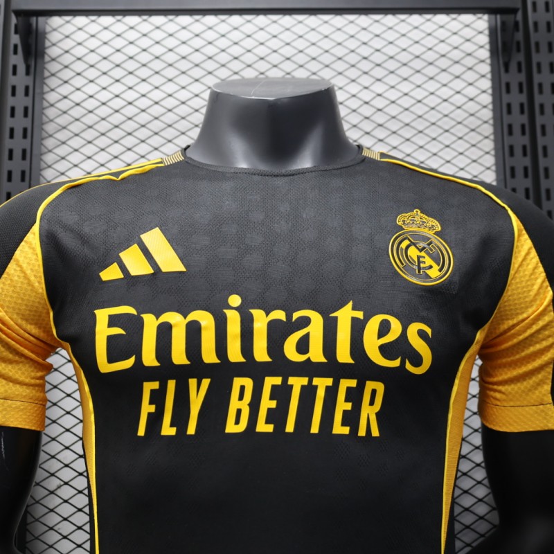 Player Version 25/26 Real Madrid Black with Gold Accents and Emirates Sponsor Jersey