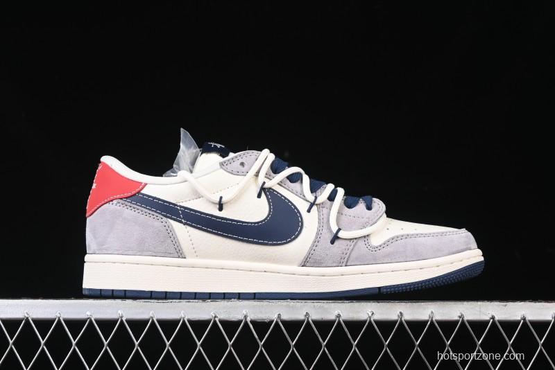 Nike Travis Scott x Fragment Design x Air Jordan 1 Low OG SP AJ1 Stussy Collaboration - Grey Blue Hook Lace Low Top Casual Sneakers - SJ0086-140