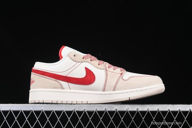 Nike Air Jordan 1 Low Stussy Collaboration Khaki Red Hook Retro Basketball Shoes - SJ9950-040