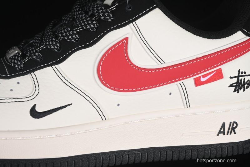 Nike Air Force 1 '07 Low Stussy Collaboration Black Stitch Red Swoosh Casual Sneakers - XS1958-518