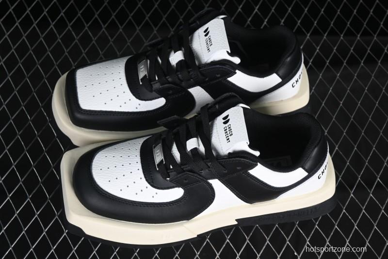 Choco Concert Leather Round Square Asymmetric Fashion Sneakers Black White - AJE5