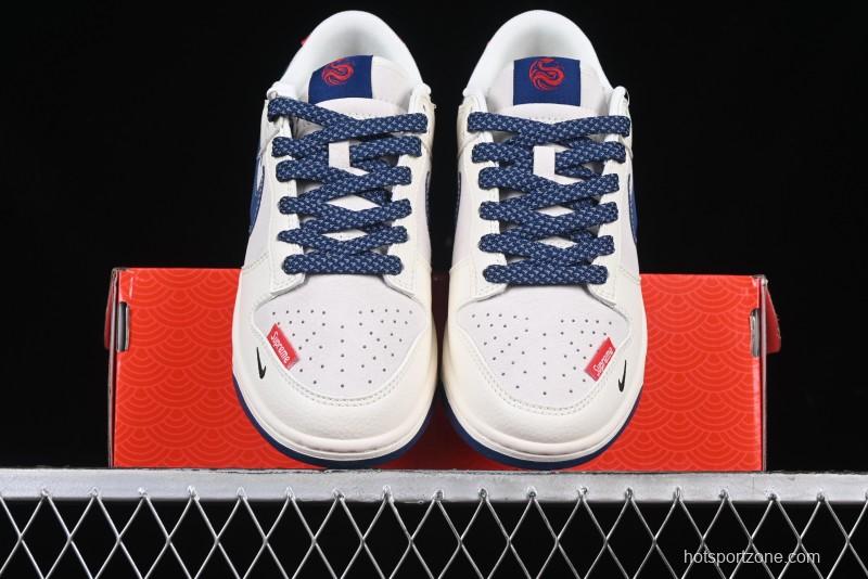 Nike SB Dunk Low Supreme Collaboration - Off-White 3D Navy Swoosh Anniversary Custom Low-Top Casual Sneakers - FC1688-204
