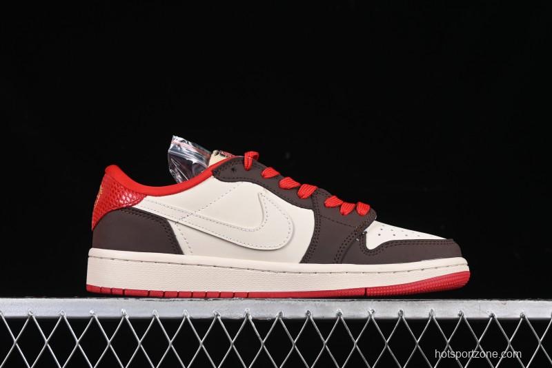 Nike Travis Scott x Fragment Design x Air Jordan 1 Low OG SP AJ1 Snake Year Limited Edition Snake Scale Red Hook Low Top Lifestyle Casual Sneakers - CH6336-020
