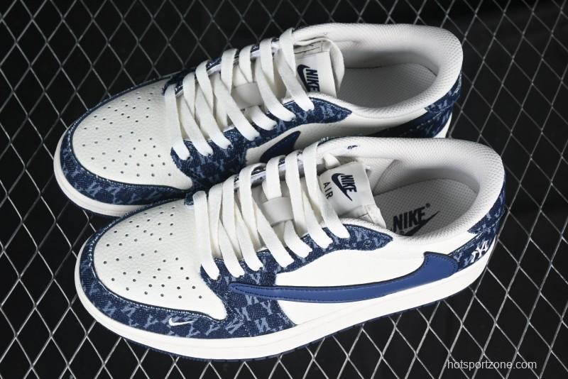 Nike Travis Scott x Fragment Design x Air Jordan 1 Low OG SP AJ1 MLB Collaboration White Blue Denim Low-top Casual Sneakers - DM7866-051