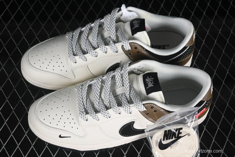 Nike SB Dunk Low Supreme Stussy Collaboration Beige Double Mini Swoosh Anniversary High-End Custom Low-Top Casual Skate Shoes - XS6089-502