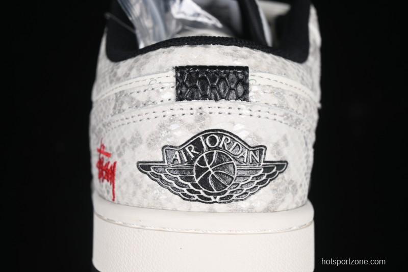 Nike Air Jordan 1 Low Retro Basketball Shoes - Stussy Grey Snake Custom - FC1688-200