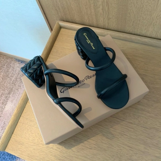 2025 Women Gianvito Rossi Black Leather Heeled Sandals