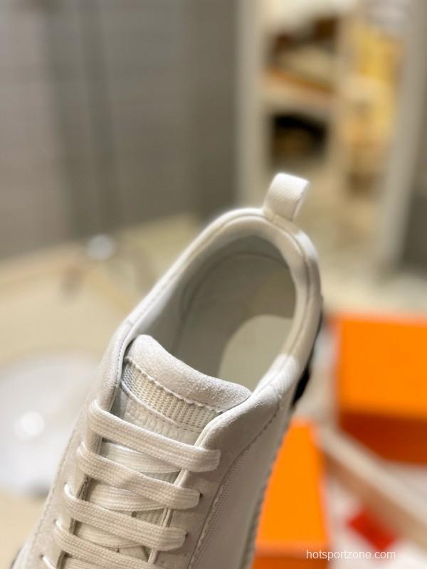 2024 Unisex Hermès White Imported Kipskin Silk Leather Casual Sneakers MJ00320