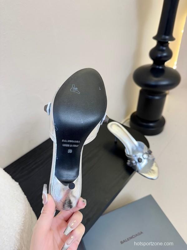 2025 Women Balenciaga Silver Leather High Heel Mules