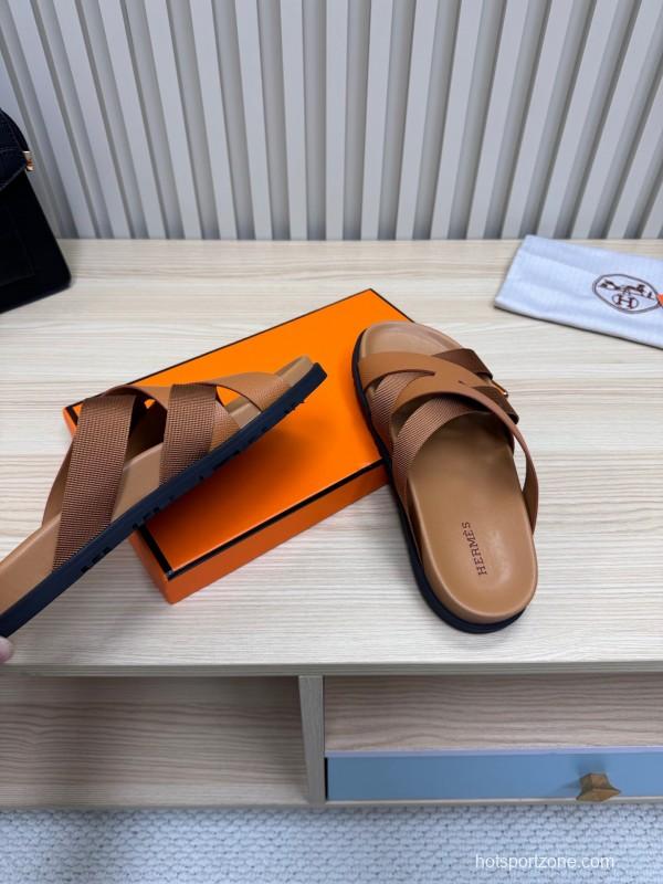 2025 Men Hermès Brown Leather Slippers