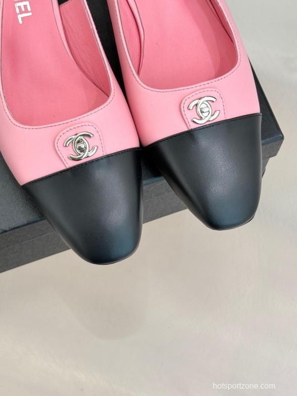 2025 Women Chanel Pink Black Leather Slingback Low Heel KFY00280