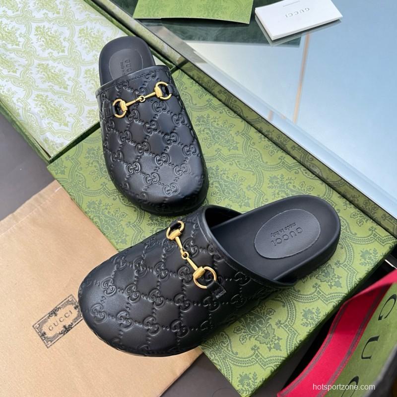 2024 Slippers Gucci Black Leather GG Pattern Horsebit MJ00280