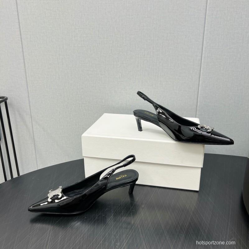 2025 Women Celine Black Patent Leather Slingback Heels KFY00290