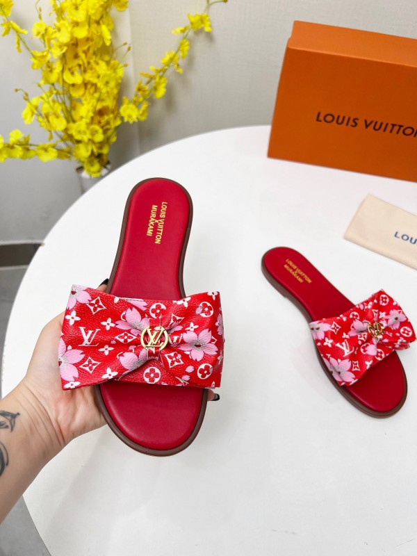 2025 Women Louis Vuitton Red White Canvas Slippers LY00190