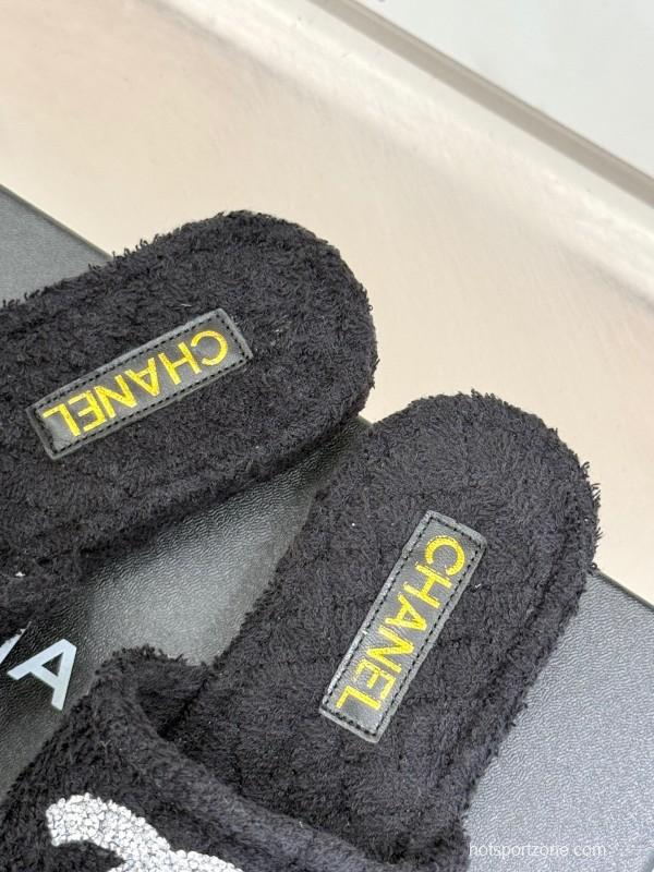 2025 Women Chanel Black Terry Cloth Slippers KFY00220