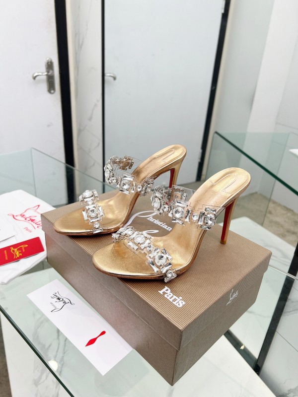 2025 Women Christian Louboutin Gold Leather High Heel Sandals LY00300