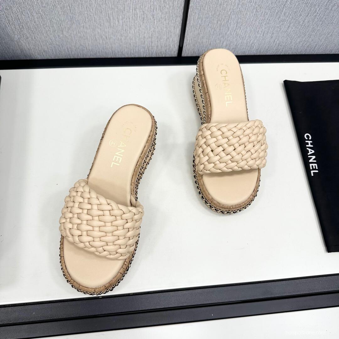 2025 Women Chanel Beige Leather Wedge Sandals