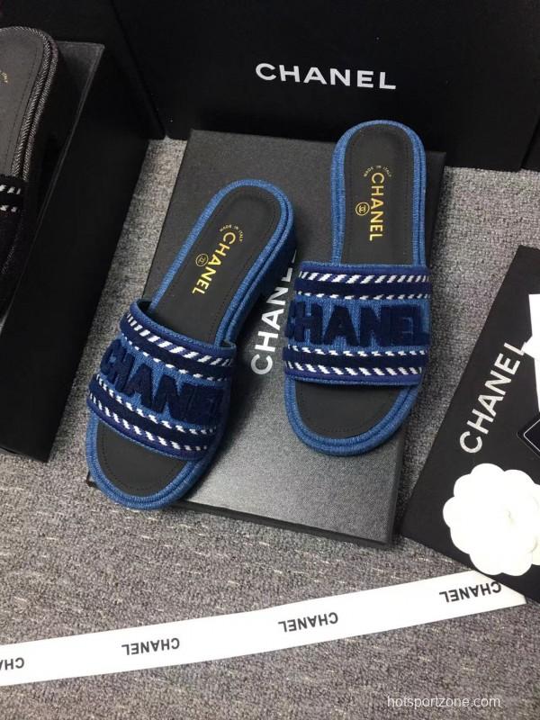 2025 Slippers Chanel Blue Fabric Slippers LY00270