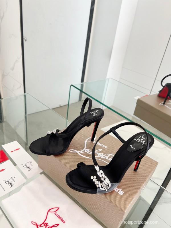 2025 Women ChristianLouboutin Black Satin High Heel Sandals Crystal Embellishment LY00300