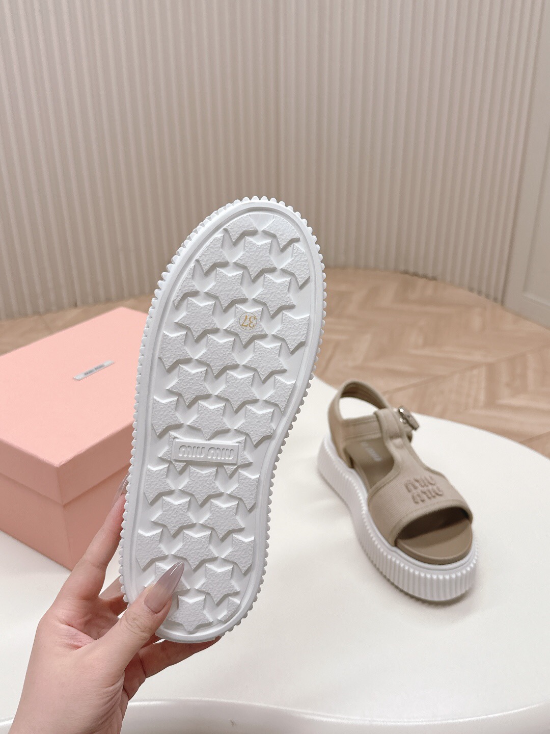 2025 Women Miu Miu Beige Canvas Sandals Buckle LY00360