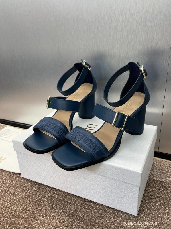 2025 Women Dior Navy Blue Leather Sandals Ankle Strap KFY00310
